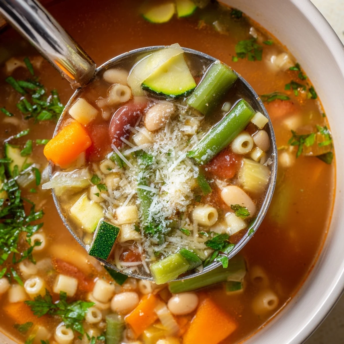 Steaming, flavorful pot of Simple One-Pot Minestrone Soup with vibrant vegetables and a rich broth.