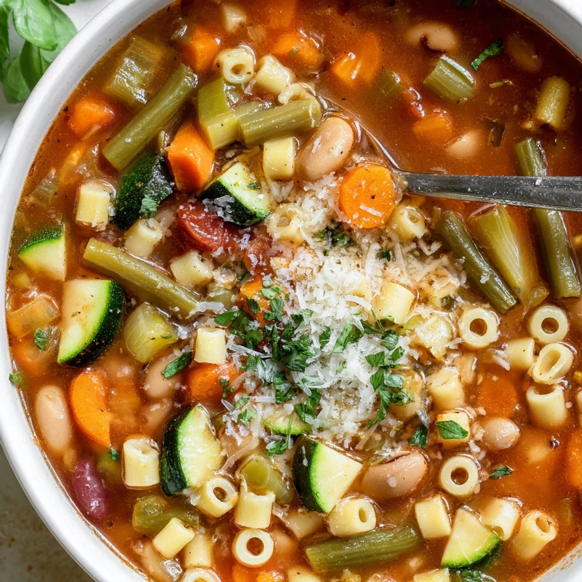 This hearty Simple One-Pot Minestrone Soup offers a delicious medley of vegetables and pasta, perfect for a cold day.
