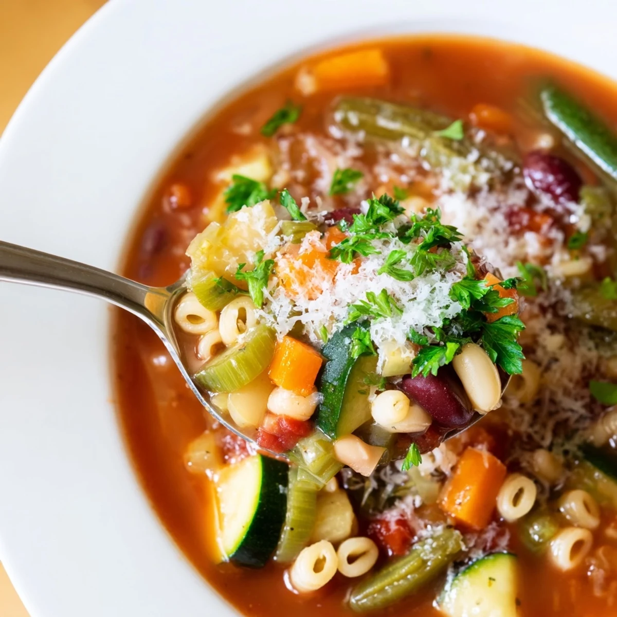 A close-up shot of a bubbling Simple One-Pot Minestrone Soup, ready to be served and enjoyed.