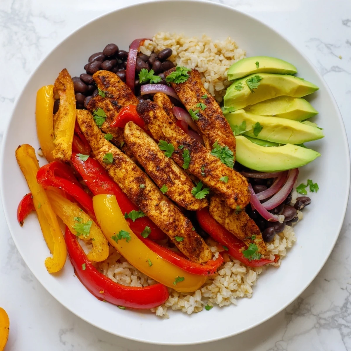 Make-Ahead Chicken Fajita Meal Prep Bowls showcasing colorful peppers, sizzling chicken, and a fresh cilantro garnish.