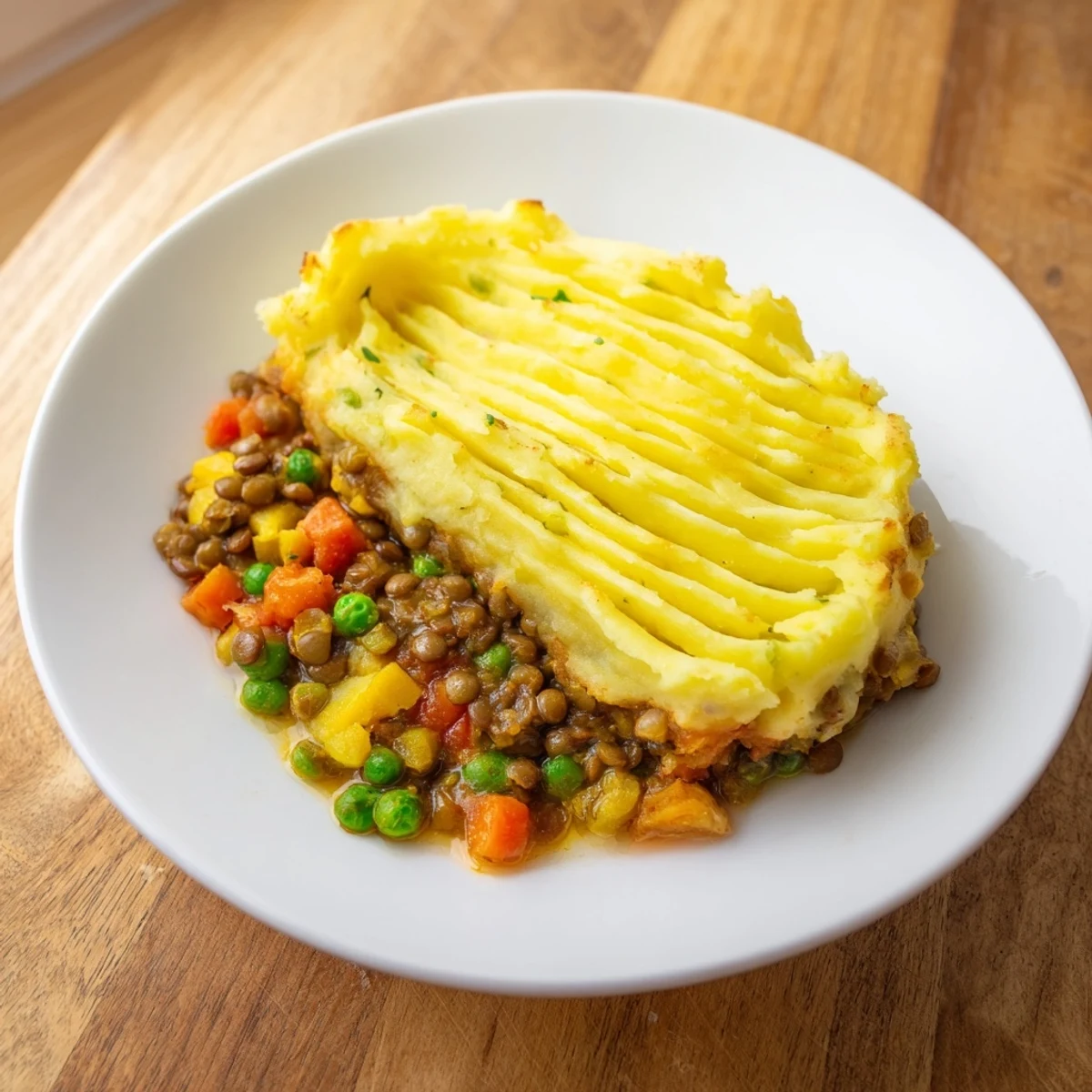 Hearty Lentil Shepherd's Pie with golden mashed potatoes, a warm savory vegetarian meal.