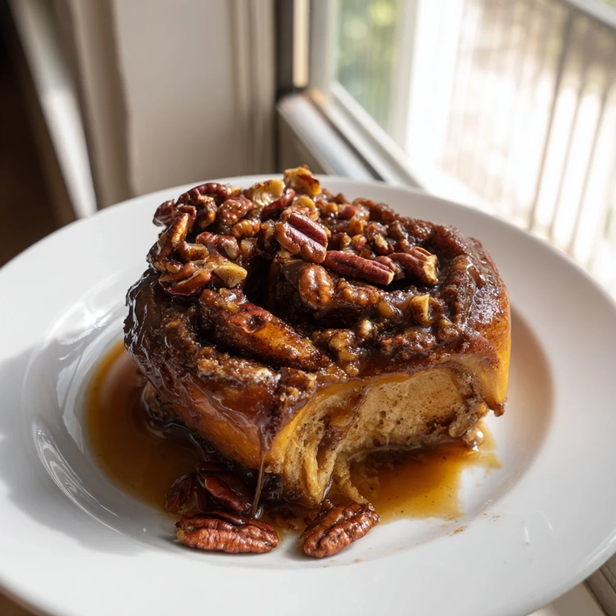 Golden-brown baked Pecan and Honey Sticky Buns with glistening caramel and nuts, ideal for brunch.