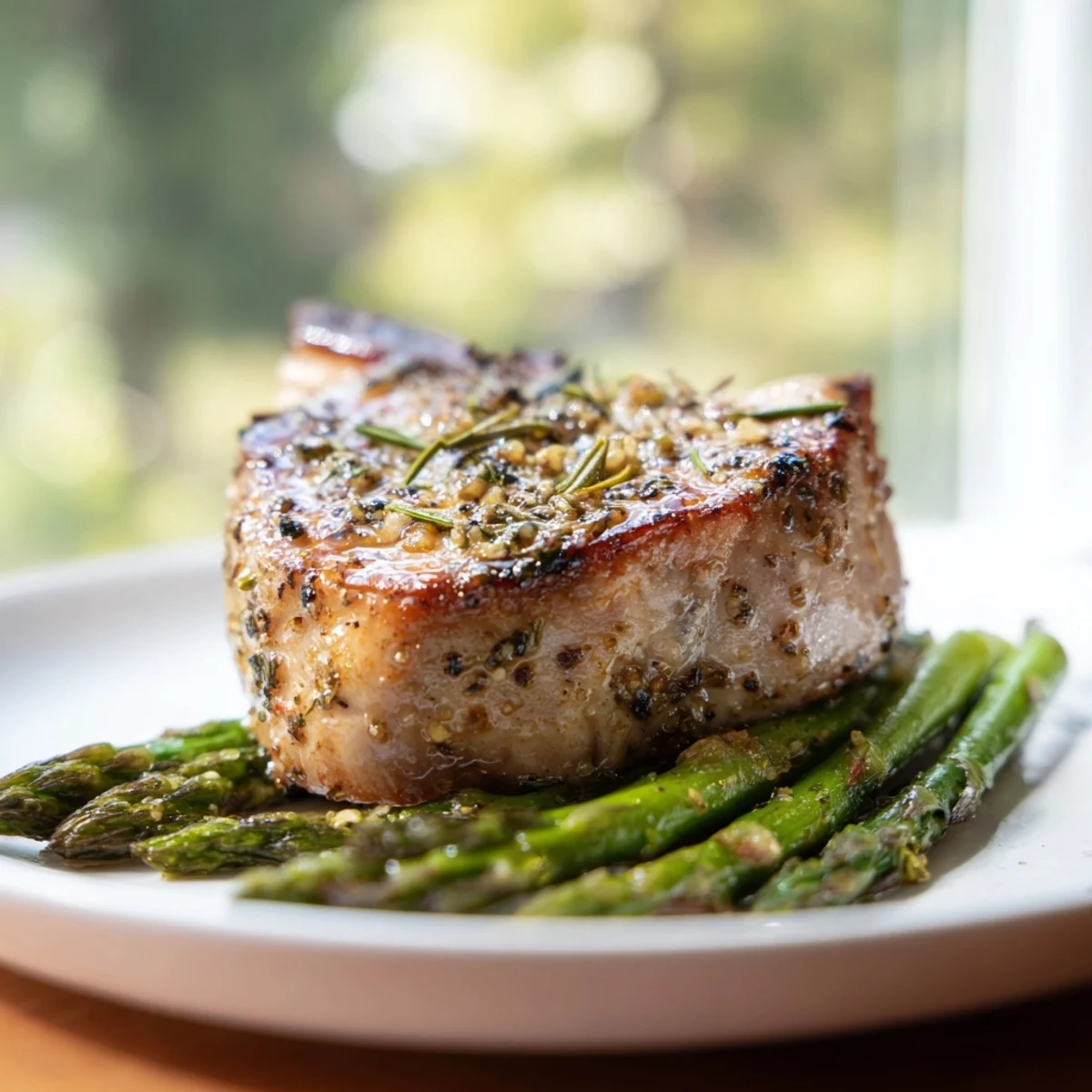 Sizzling One-Pan Lemon Herb Pork Chops with Asparagus, golden-brown and ready to eat, served on skillet.