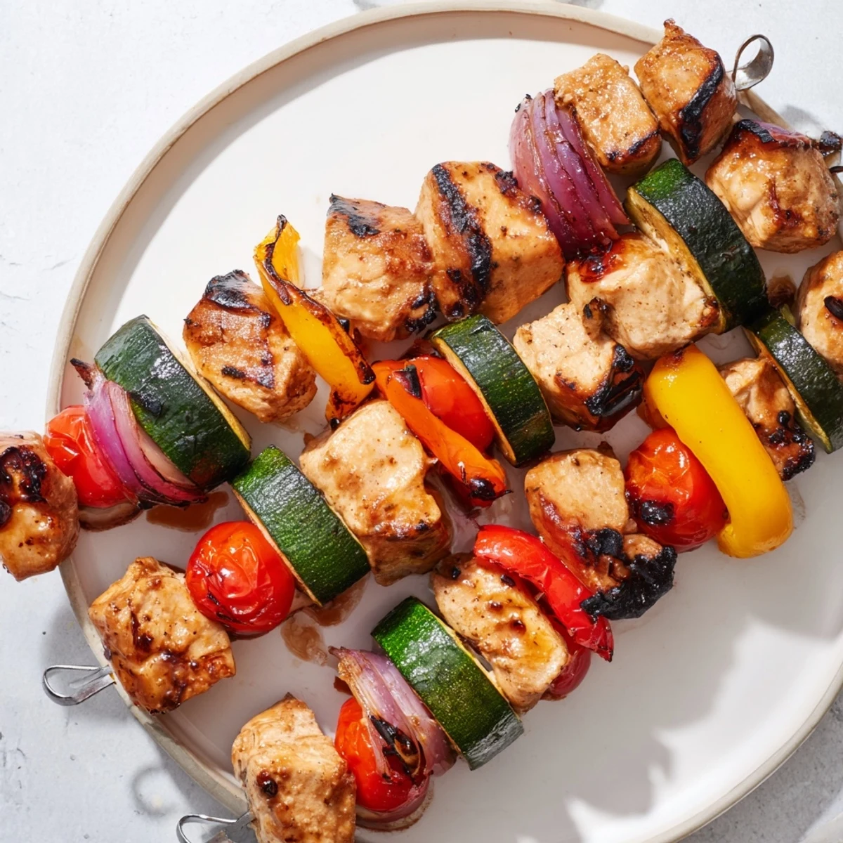 Savory Chicken and Veggie Skewers, brilliantly grilled to a light char, ready to be enjoyed as a vibrant meal.
