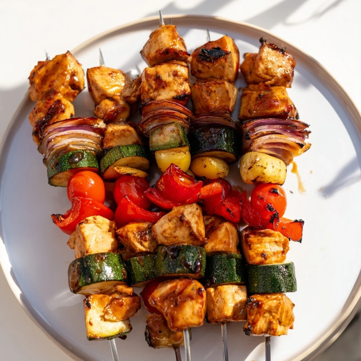 Delicious Chicken and Veggie Skewers with smoky aroma, served fresh off the grill, a healthy and easy dinner.