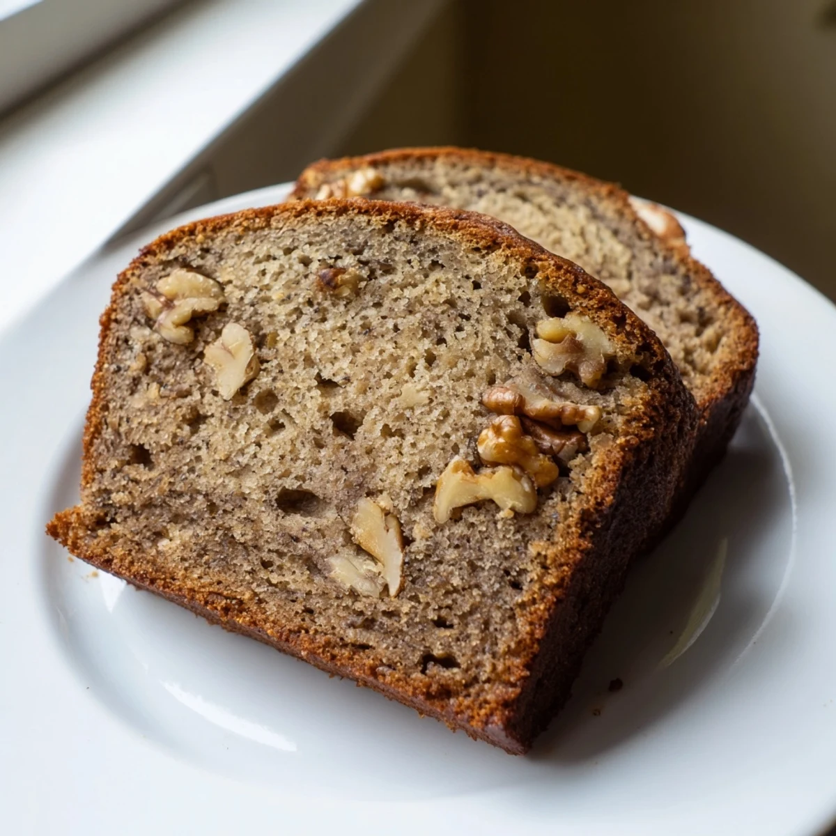 A warm slice of Simple Banana Bread, golden brown and ready to enjoy with coffee.