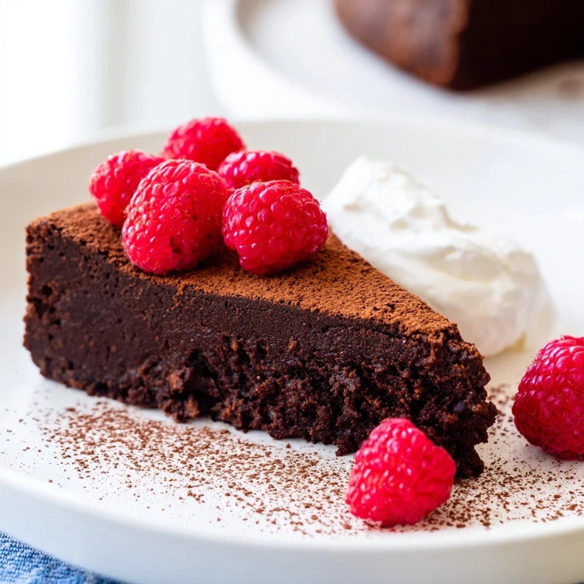 A slice of Decadent Flourless Chocolate Cake, dusted with cocoa and served with fresh berries.