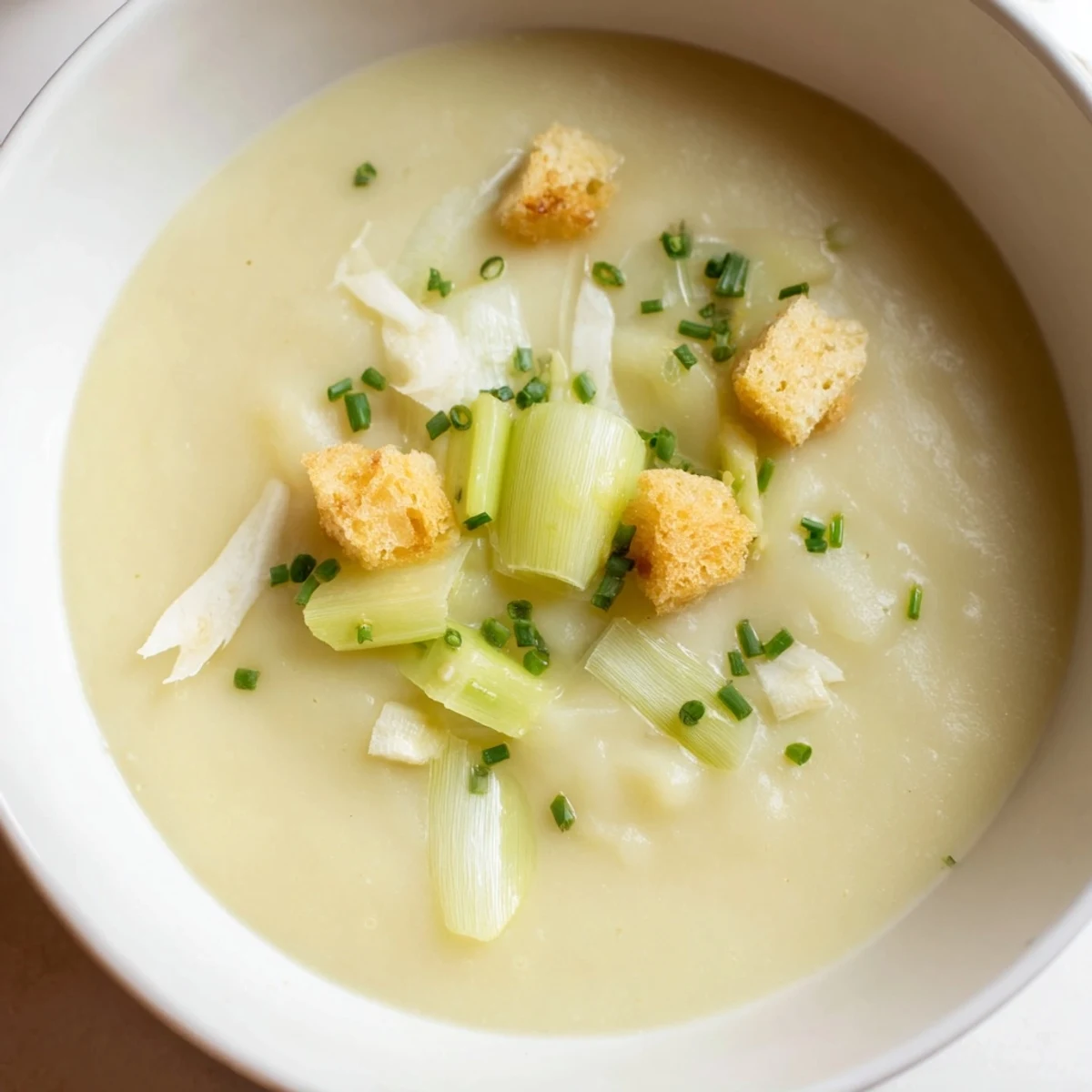 Creamy Quick & Simple Potato and Leek Soup, perfectly smooth and garnished with fresh chives, looks delicious.