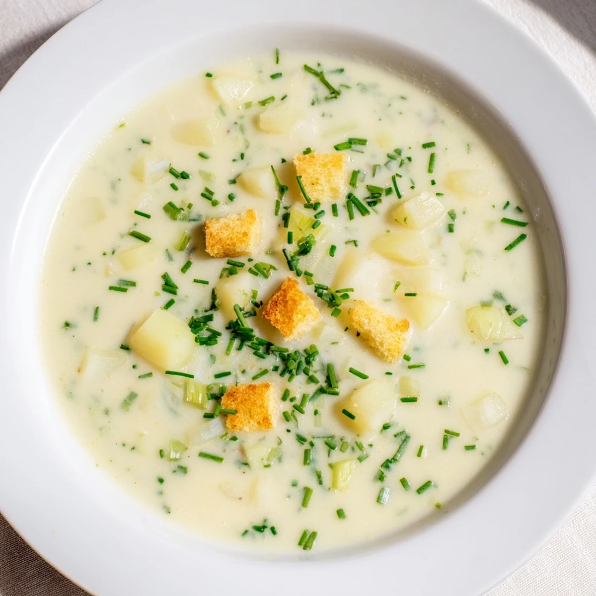 Golden-hued Quick & Simple Potato and Leek Soup, a vegetarian delight, is served warm with a garnish.