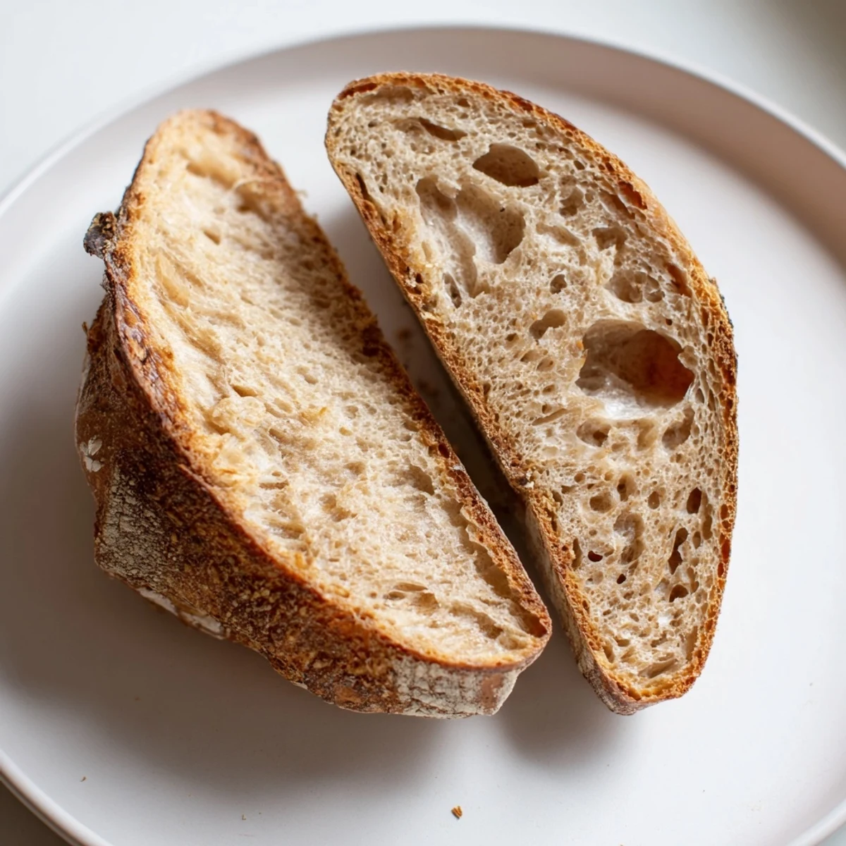 A close-up of the best easy no-knead bread, showing the airy interior and satisfying crust.