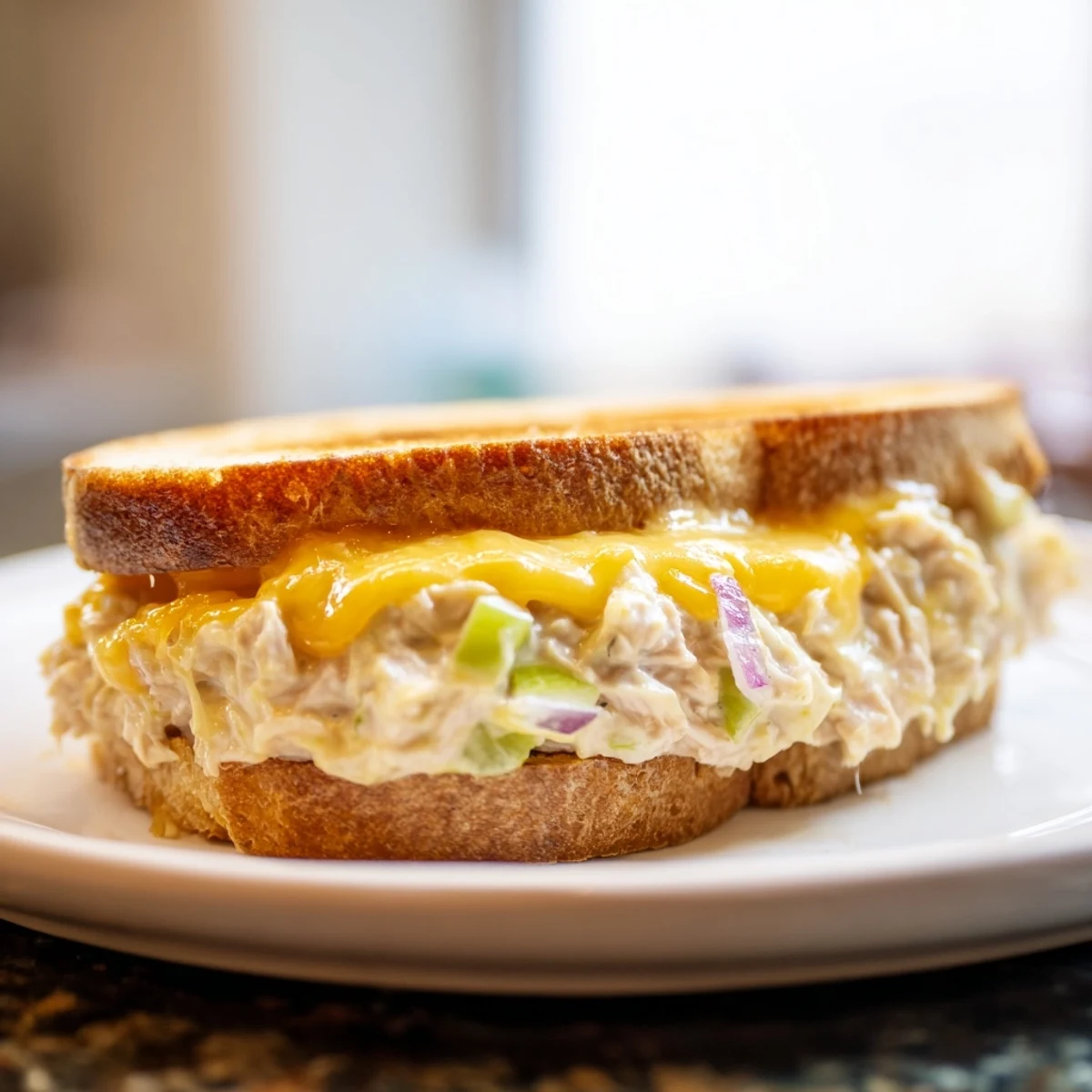 Golden, melty Classic Tuna Melt Sandwich with bubbly cheese oozing over toasted bread, ready to eat.