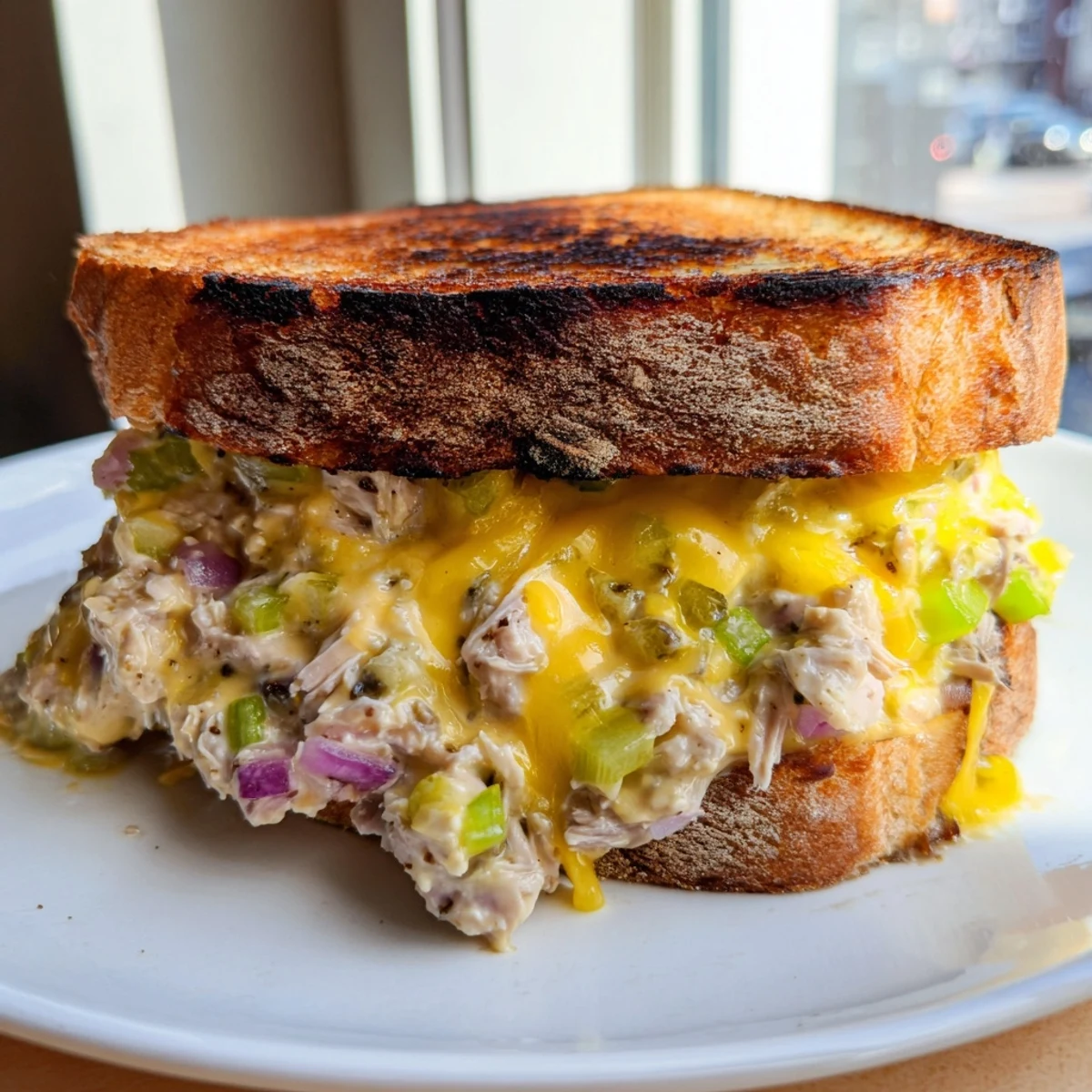 Close-up of a perfectly grilled Classic Tuna Melt Sandwich, showing creamy tuna and melted cheddar cheese slices.