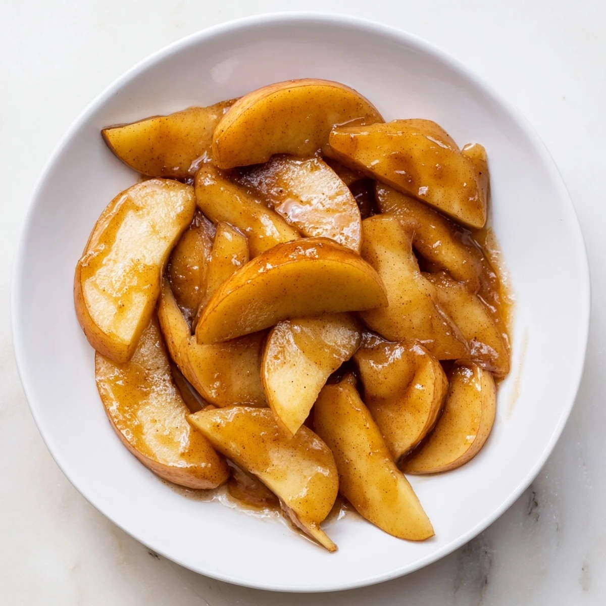 Warm, glistening baked apple slices with cinnamon and brown sugar, a comforting dessert.