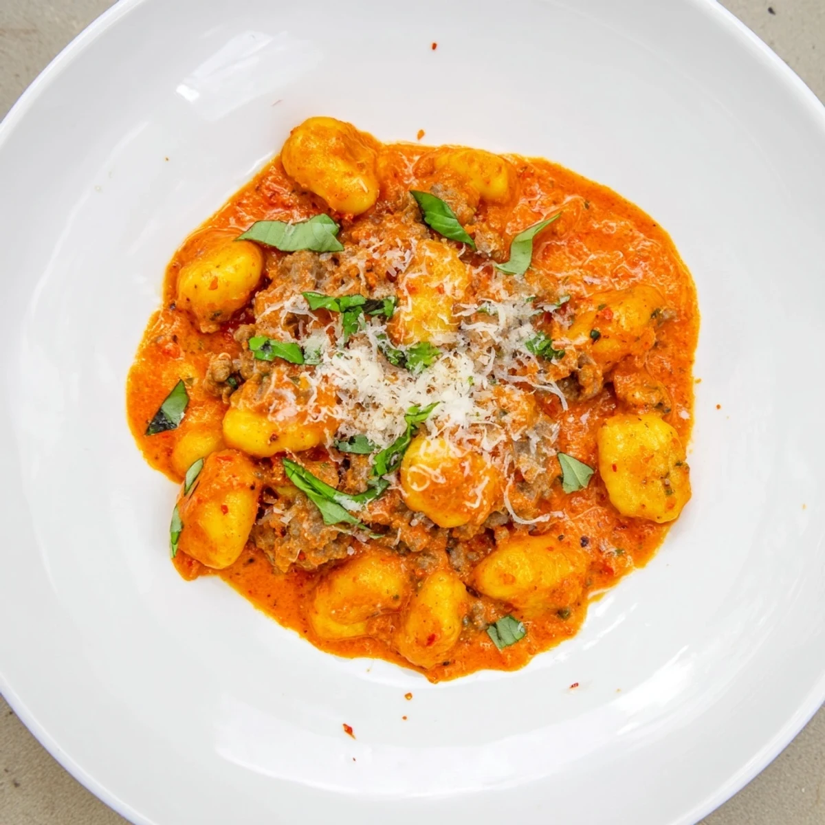 Creamy Tomato and Sausage Gnocchi: a warm bowl of pasta with rich, bubbly tomato sauce and sausage.