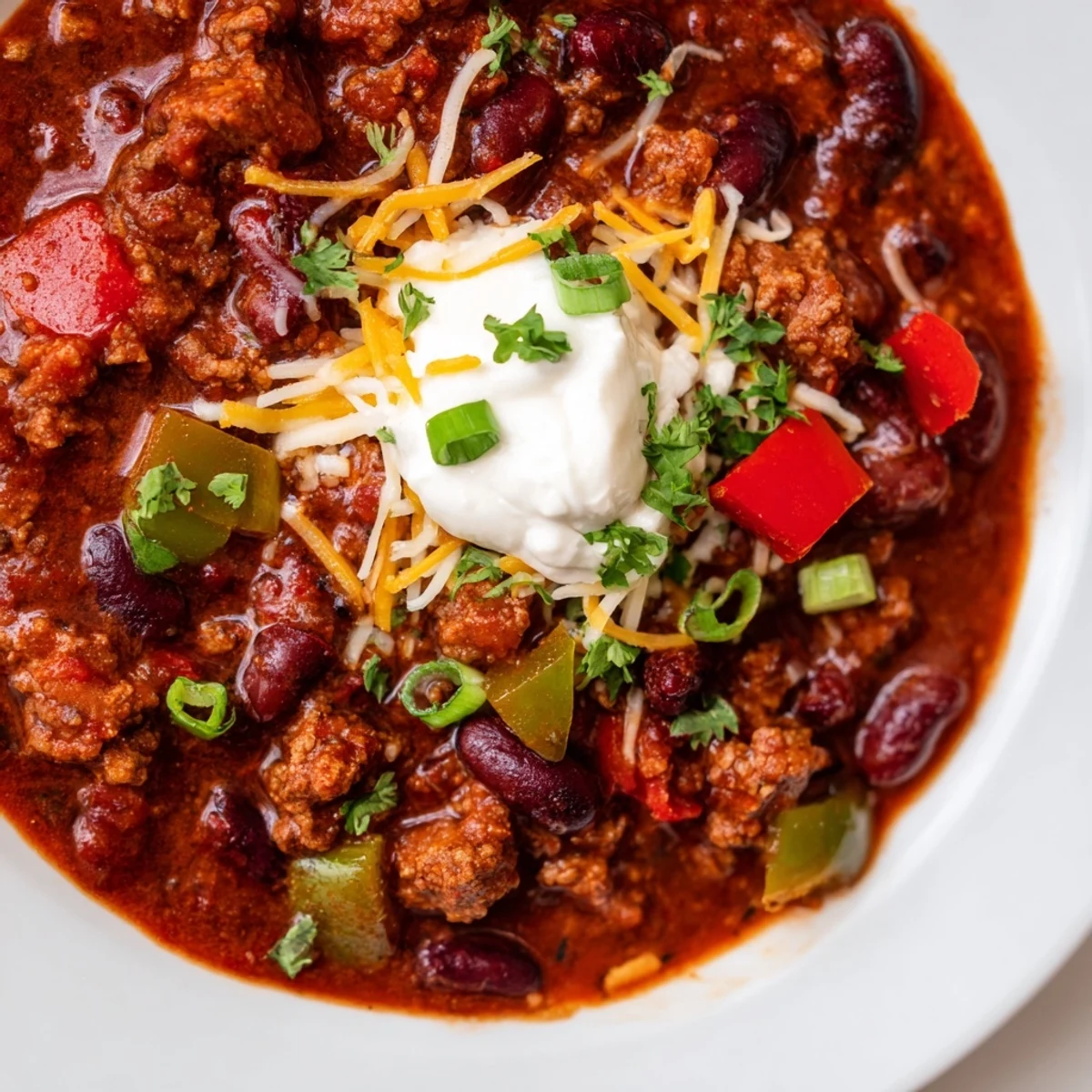 Steaming hot bowl of Winter Warming Chili con Carne, topped with fresh cilantro and cheese.