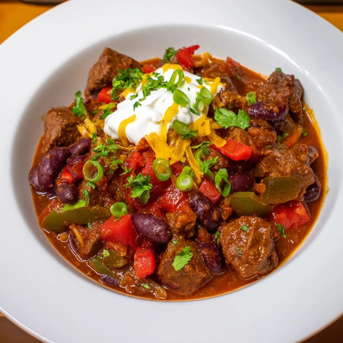 A close-up of hearty Winter Warming Chili con Carne with a rich, dark color and tender beef chunks.