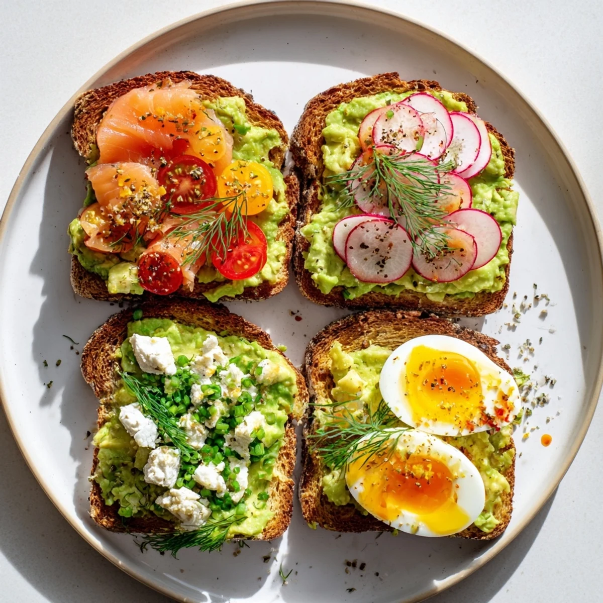 Creamy avocado toast, topped with fresh tomato and basil, a vibrant and delightful snack.