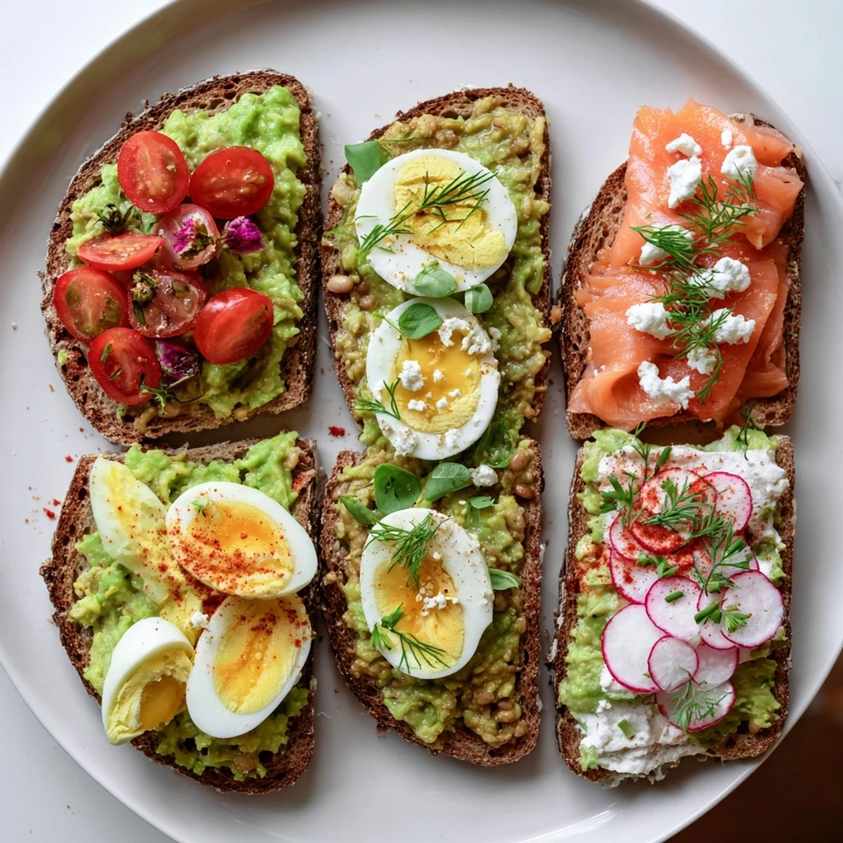 A colorful medley showcases avocado toast four ways, each piled high with unique, delicious toppings.