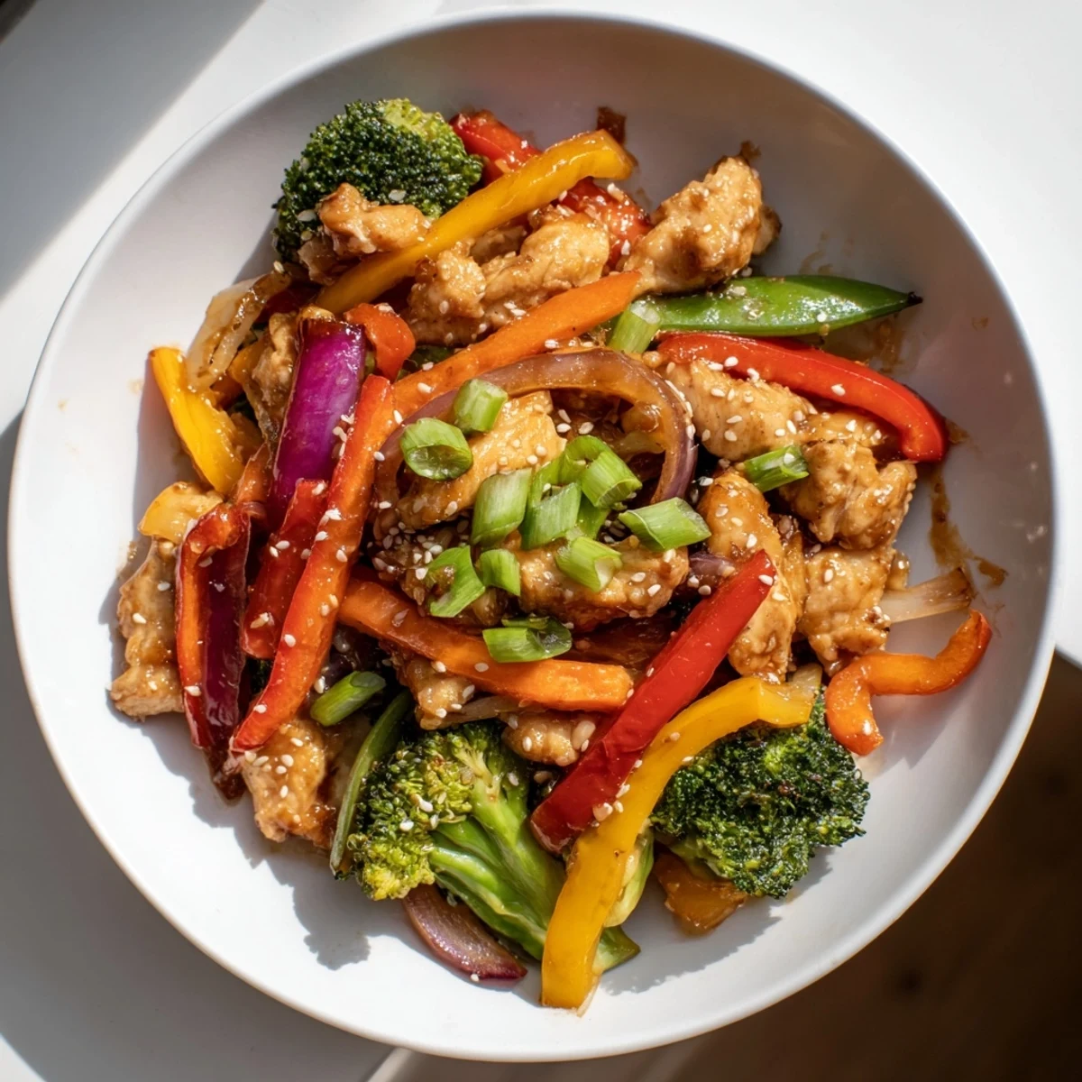 A close-up of sheet pan chicken stir-fry: colorful peppers and chicken coated in a rich glaze.