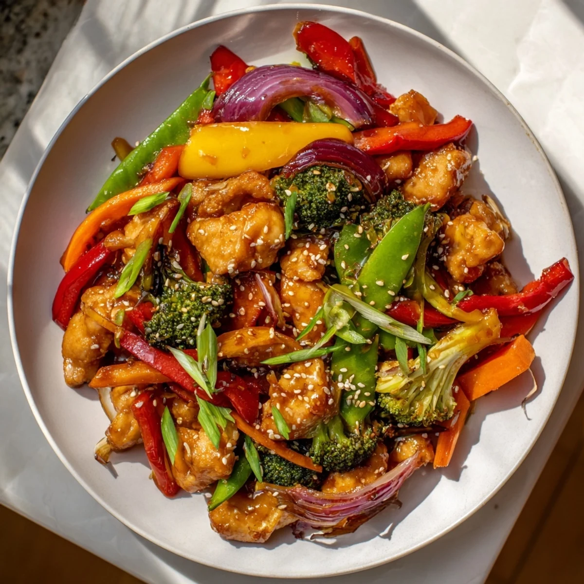 Sheet pan chicken stir-fry with perfectly roasted vegetables, glistening in savory sauce and sesame seeds.