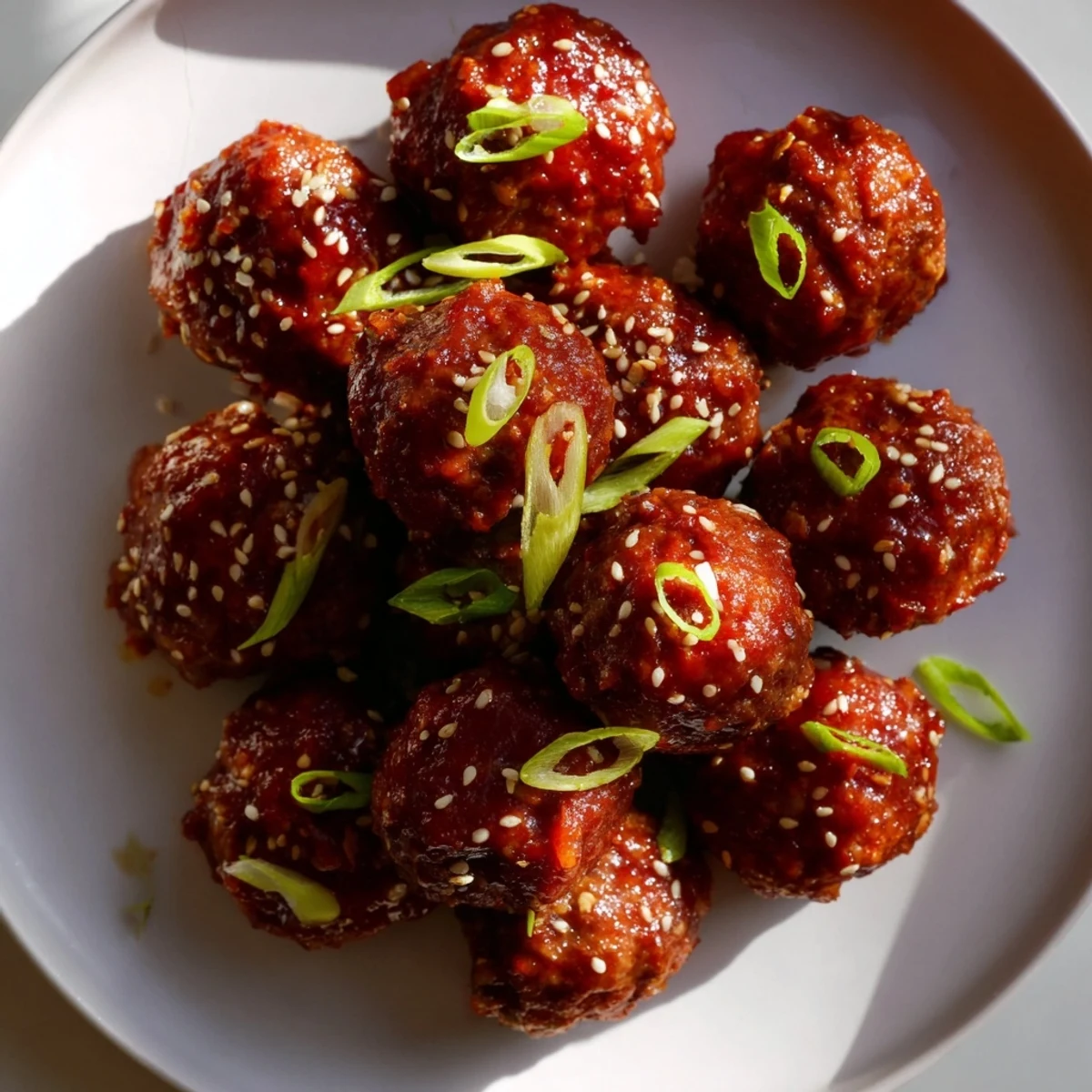 Golden, glistening Spicy Sriracha Honey Meatball appetizer, ready to serve with sesame seeds.