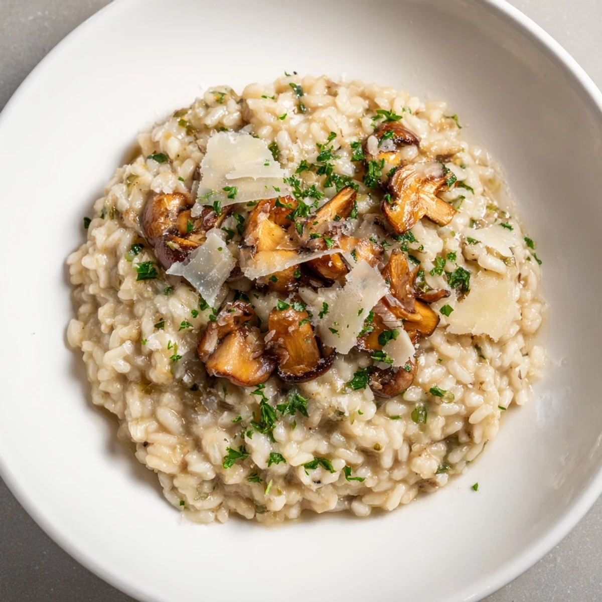 Golden, creamy Stove-Top Creamy Risotto, garnished with fresh parsley, ready for a comforting Italian meal.