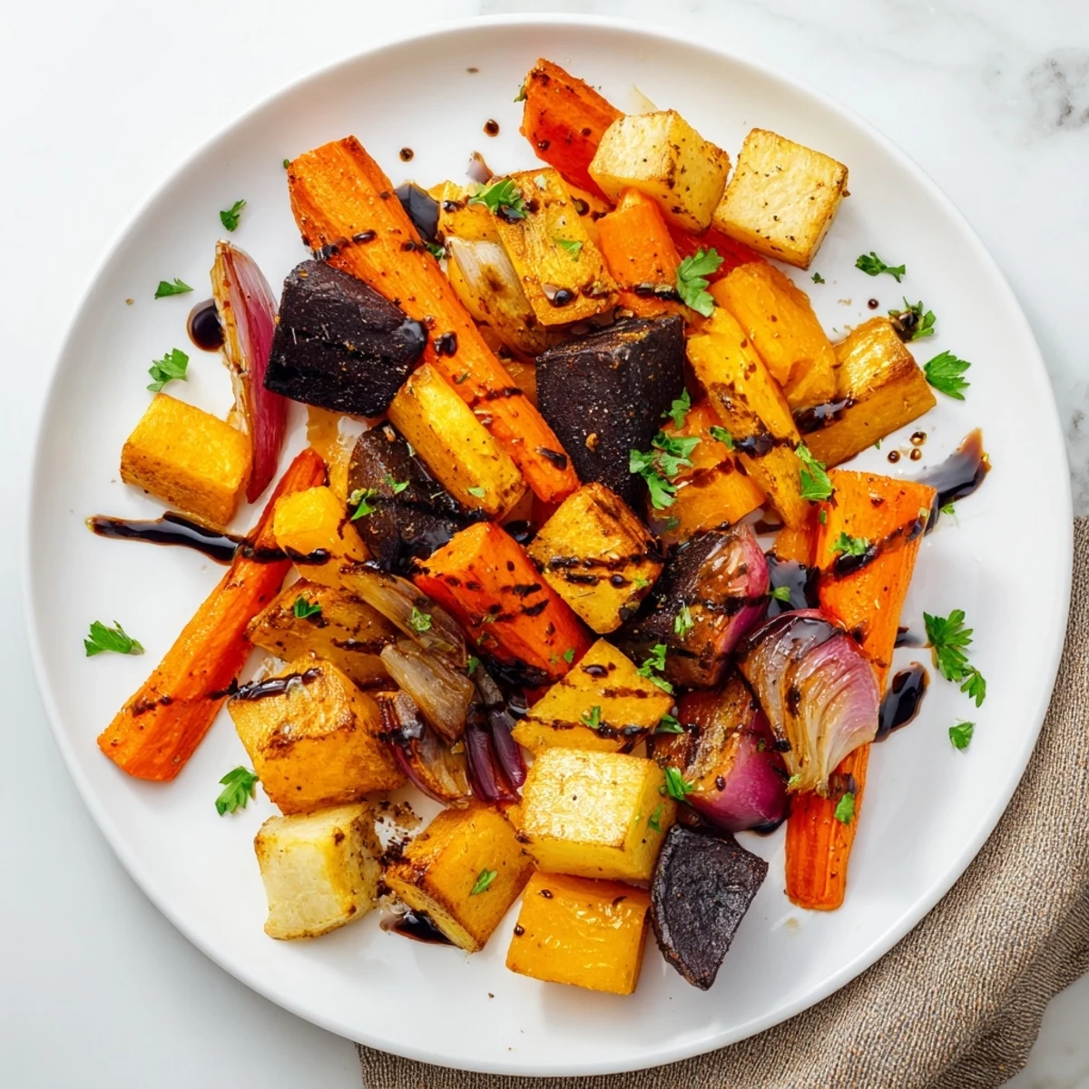 Taste the tangy balsamic glaze over this flavorful Roasted Root Vegetable Medley, an easy vegetarian meal.