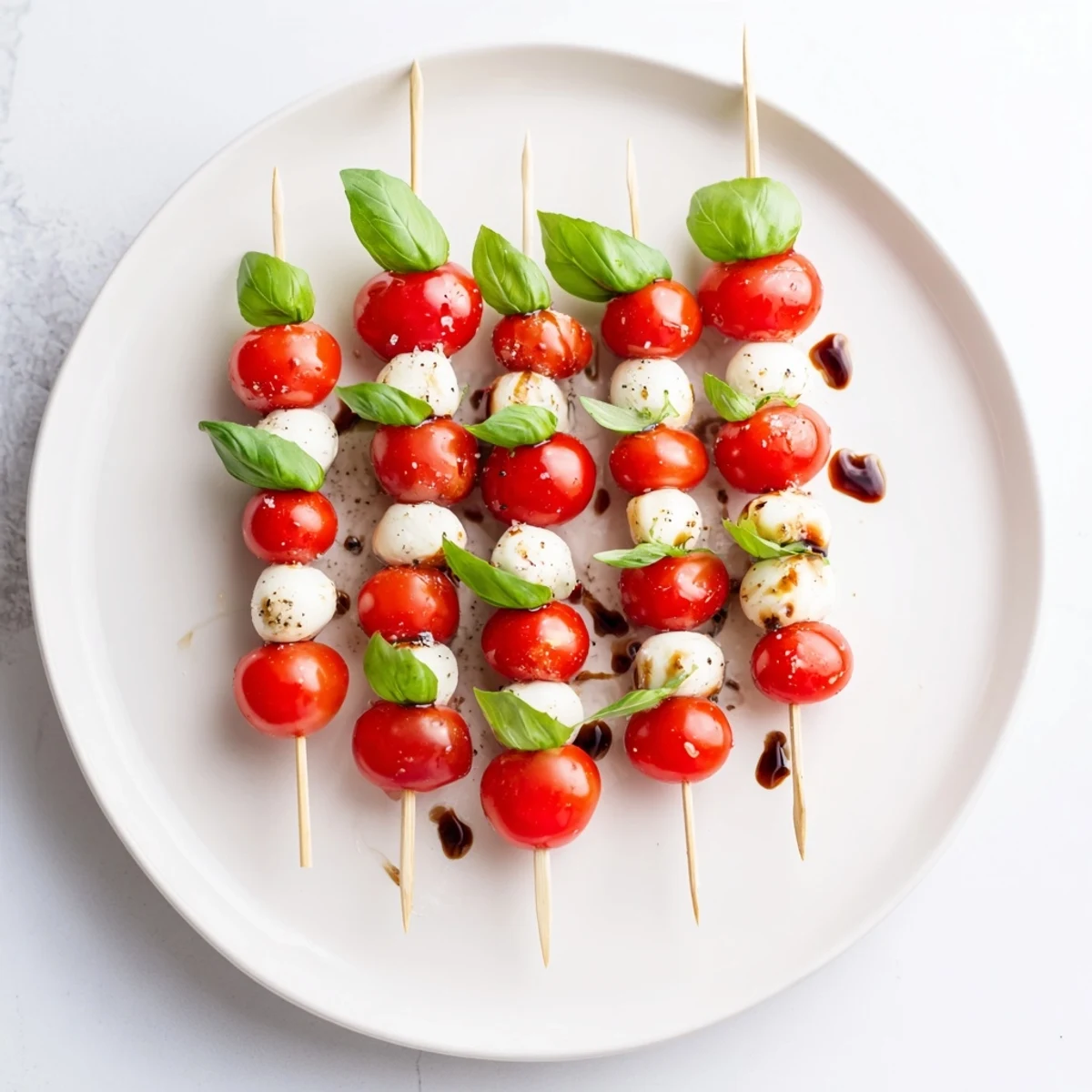 Cool, refreshing Fresh Caprese Salad Skewers—cherry tomatoes, mozzarella, and basil ready for your snacking pleasure.
