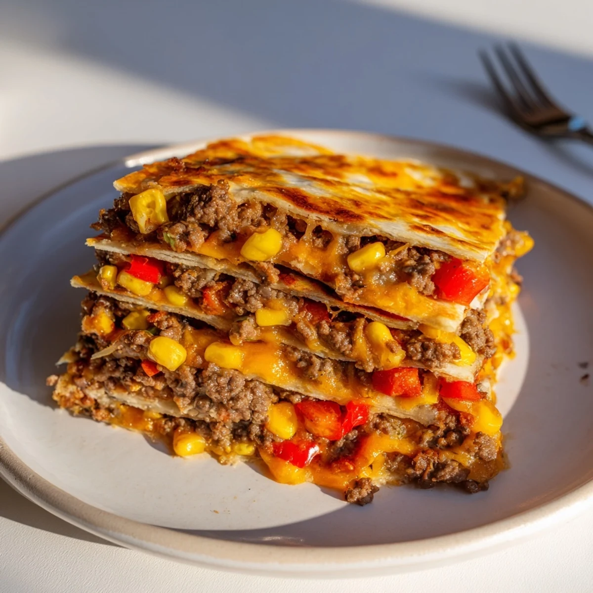 Close up shows crispy golden edges and overflowing filling of Sheet Pan Quesadillas.