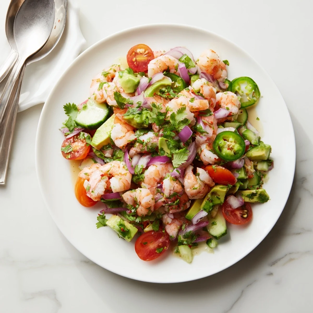 Fresh, zesty light & fresh shrimp ceviche features pink shrimp, bright vegetables, and citrus marinade.