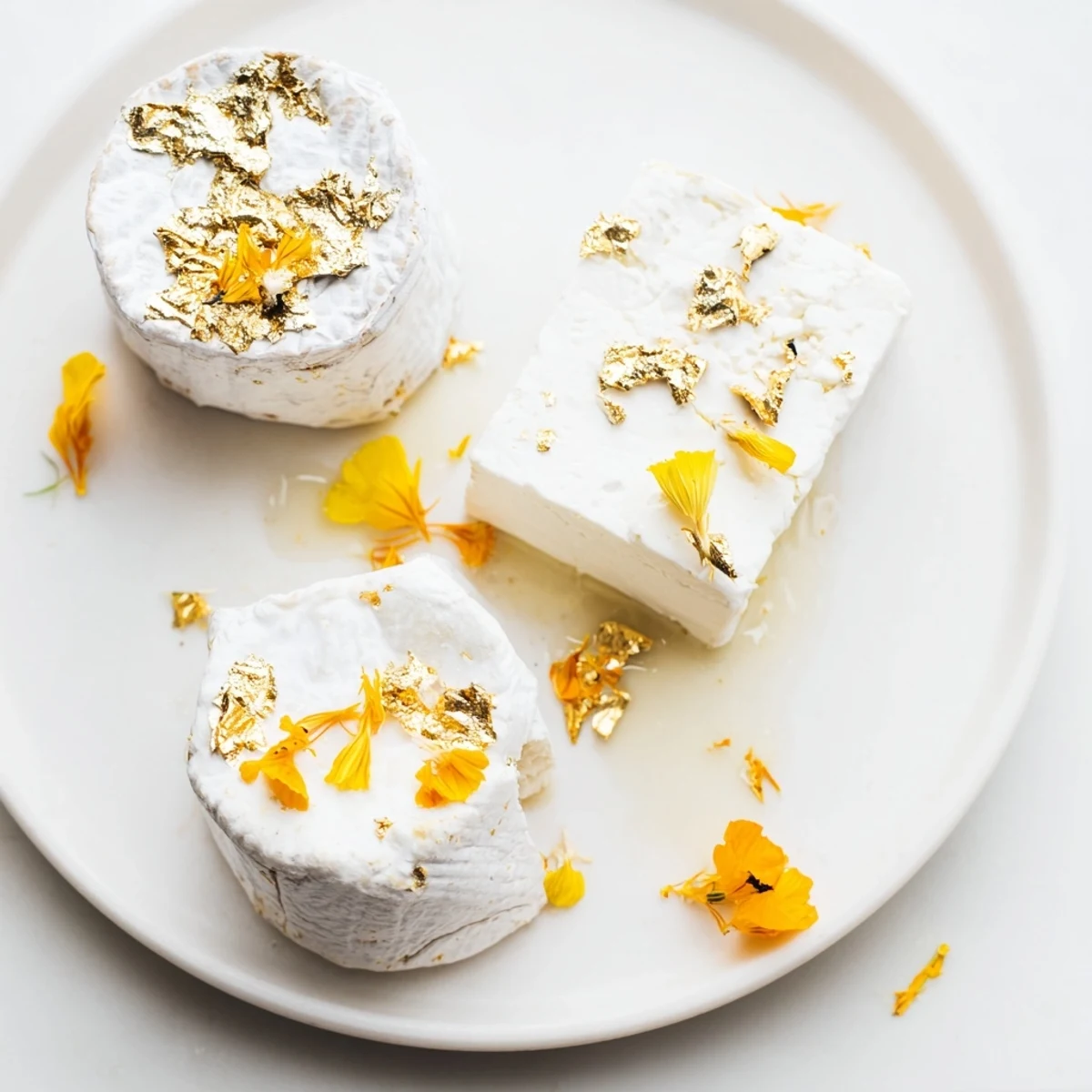 The Gilded Lily cheese platter, richly adorned with gold leaf and bright flower petals, invites taste.