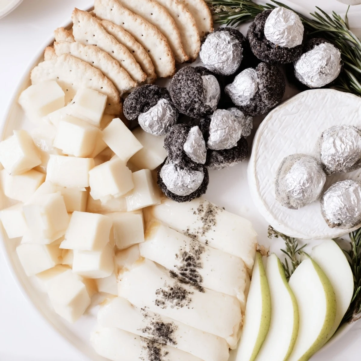 Elegant Silver Screen cheese board, presenting creamy cheeses, silver chocolates, and crisp accompaniments for a treat.