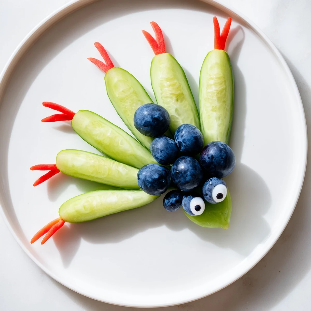 Cool cucumber slices and juicy grapes artistically form this vibrant Peacock Tail recipe.
