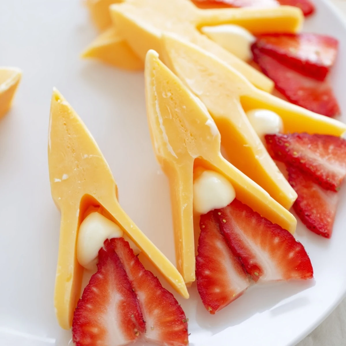 A whimsical Retro Rocket snack platter: cheddar cheese rocket body with vibrant strawberry flames.