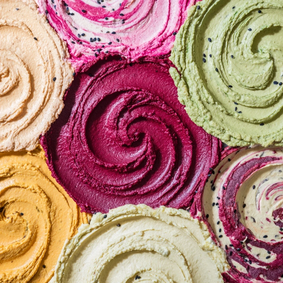 Marbled swirls of colorful dips in The Marble Swirl, ready to be enjoyed with crackers.