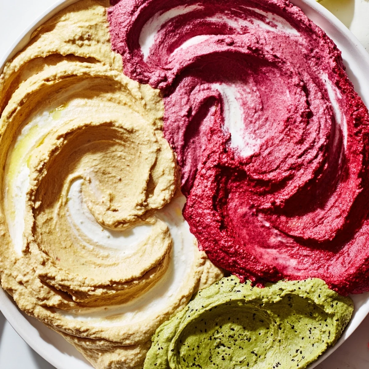 Vibrant appetizer The Marble Swirl features artfully swirled dips, perfect for parties and gatherings.