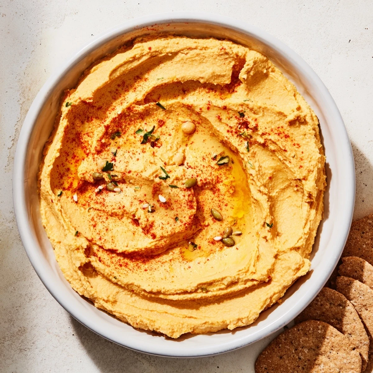 Sandstone Canyon appetizer: creamy hummus layered with crackers, garnished for a delightful, textured bite.