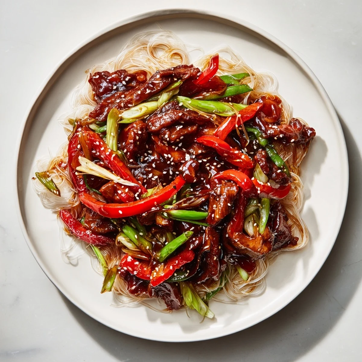 Tender Mongolian Chicken glistening with a sweet sauce atop fluffy rice noodles, a perfect Asian-inspired dish.
