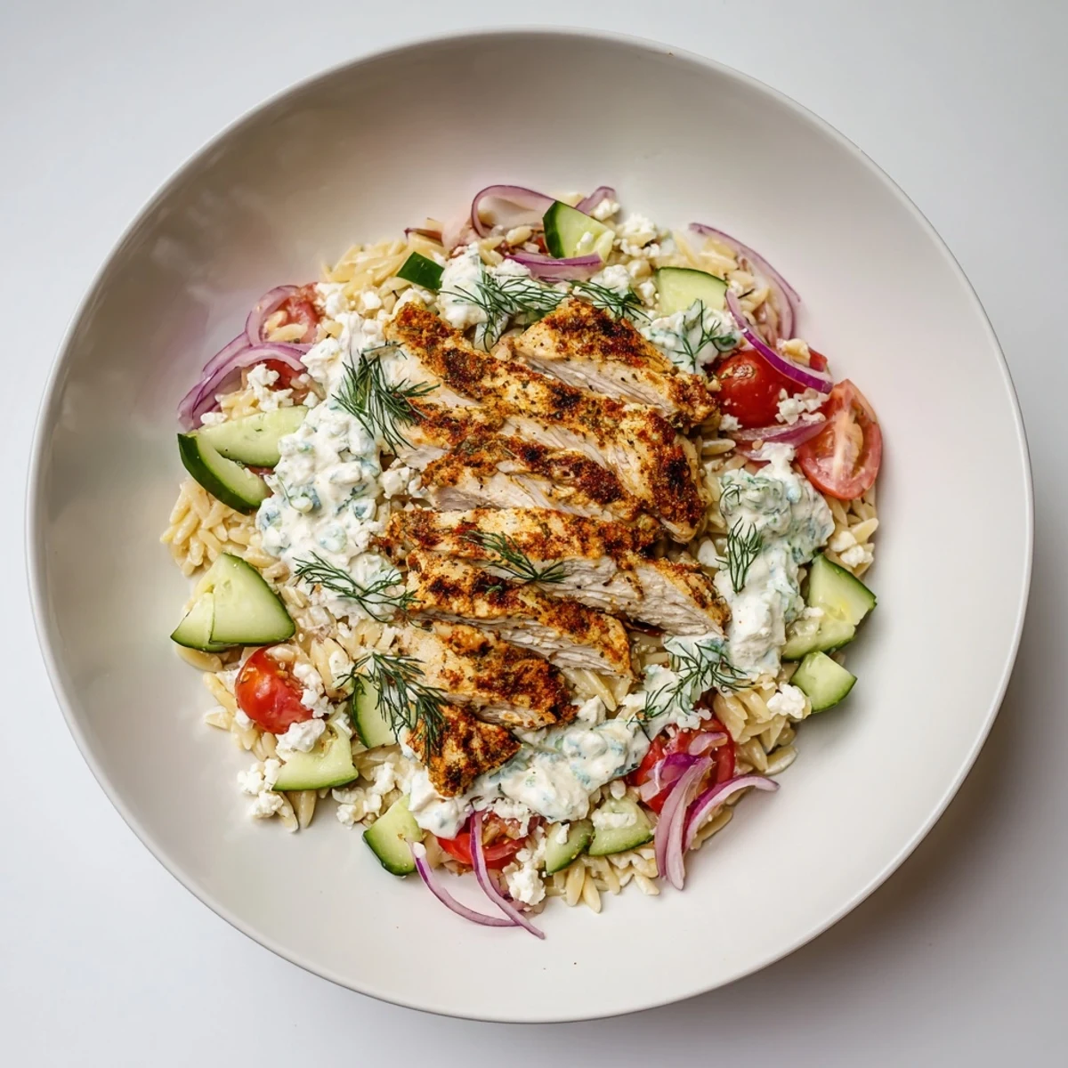 A vibrant Greek Chicken Gyro Pasta Bowl showcases tender chicken, tomatoes and creamy feta yogurt.