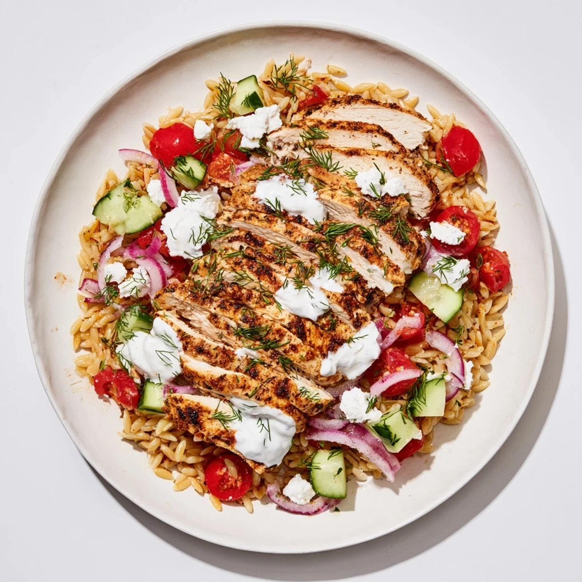 The colorful Greek Chicken Gyro Pasta Bowl includes sliced chicken, flavorful pasta, and a delicious yogurt sauce.