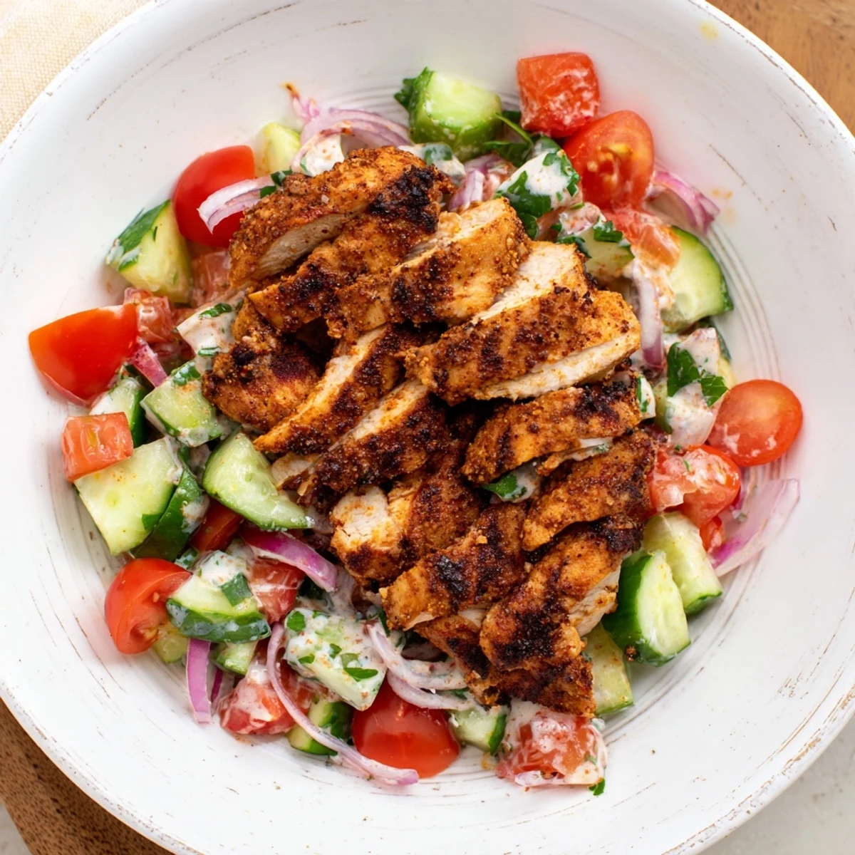 Sizzling chicken shawarma salad with cool cucumbers and a creamy tahini drizzle.
