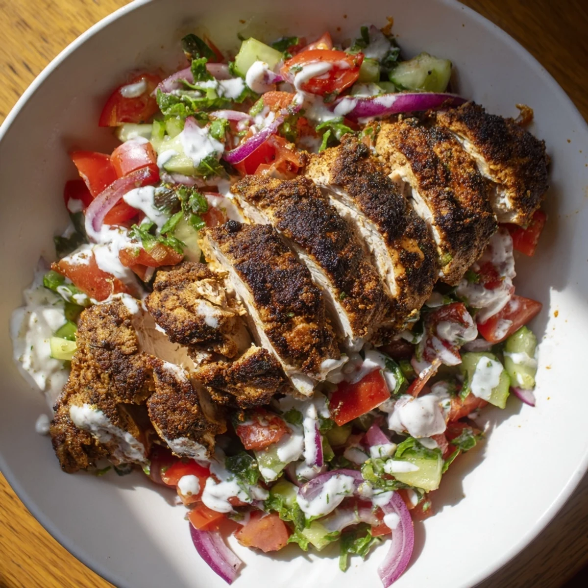 Fresh, colorful chicken shawarma salad, with spiced cuts atop vibrant veggie salad, perfect for lunch.