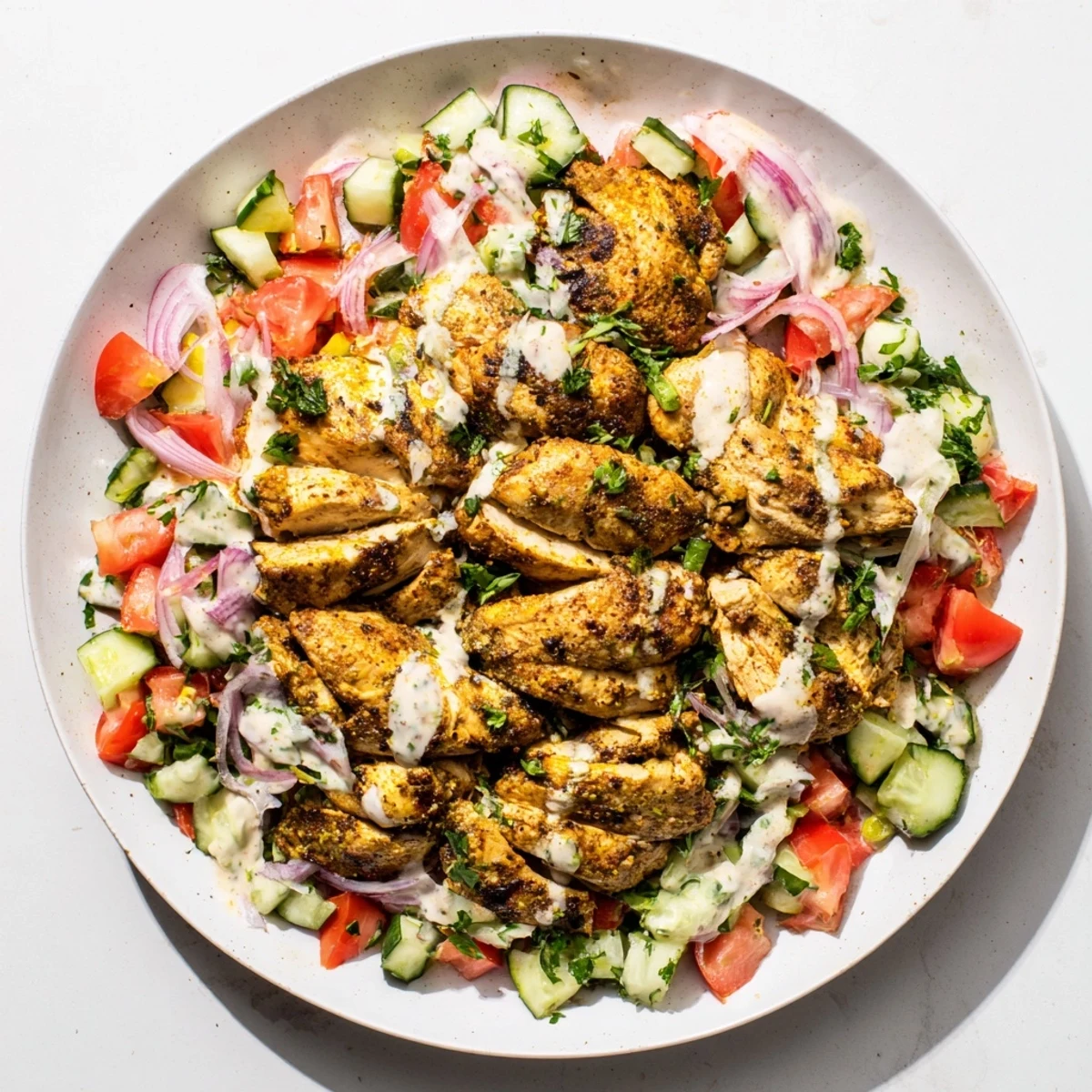 Close up shows a flavorful chicken shawarma salad, enhanced by a luscious tahini dressing.
