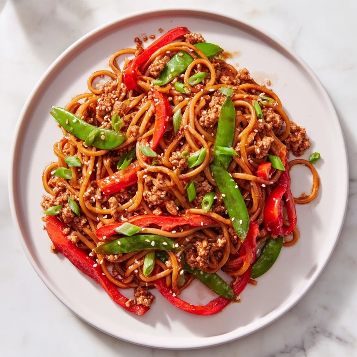 Steaming Sesame Hoisin Ground Chicken Pasta, a delicious stir-fry with vibrant vegetables and a savory sauce.