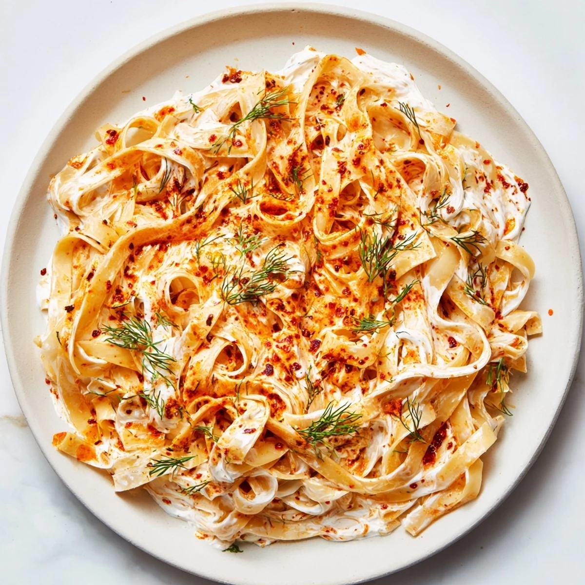 Golden swirls of Turkish Pasta with paprika-chili butter and creamy yogurt, a colorful dinner.
