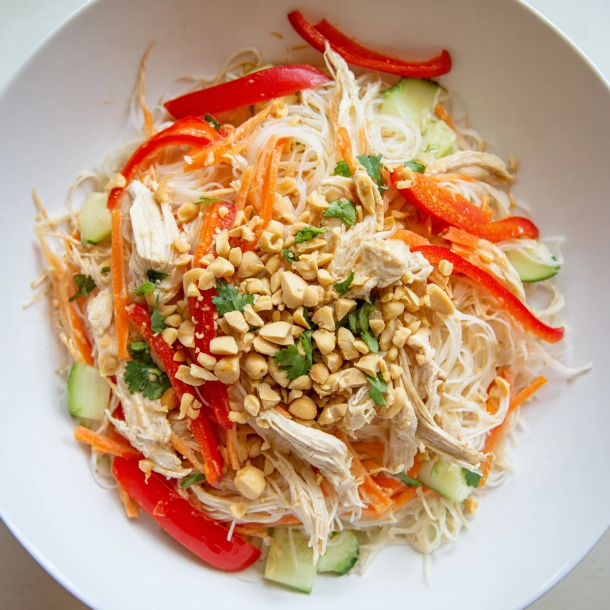 A bowl of Thai-inspired peanut chicken pasta with vibrant veggies and a creamy dressing.