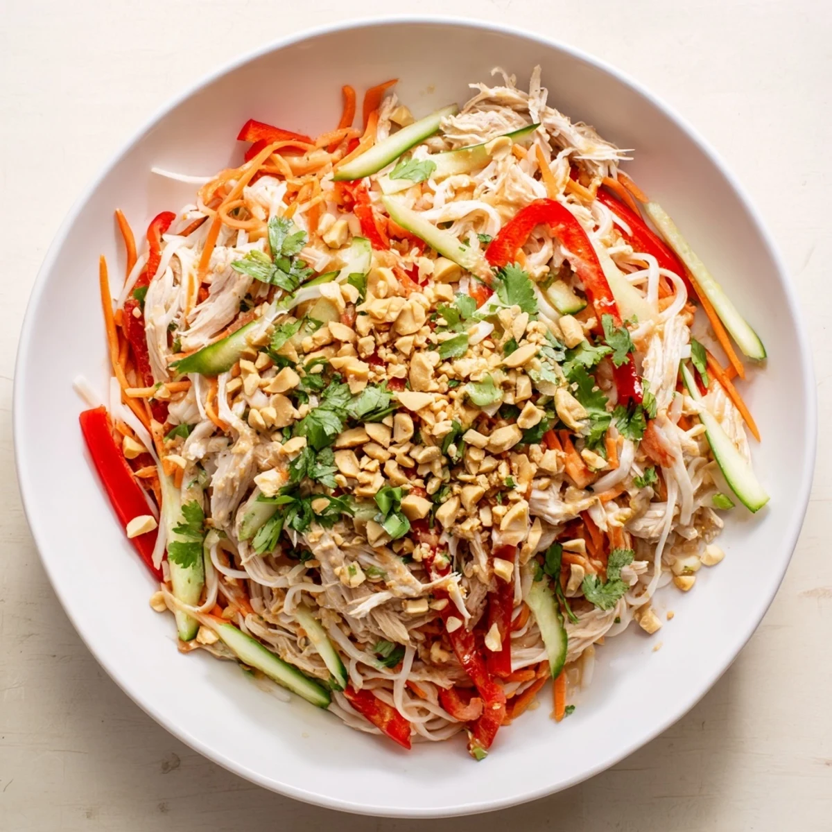 Chilled Thai-inspired peanut chicken pasta offering a refreshing mix of textures and savory flavors.