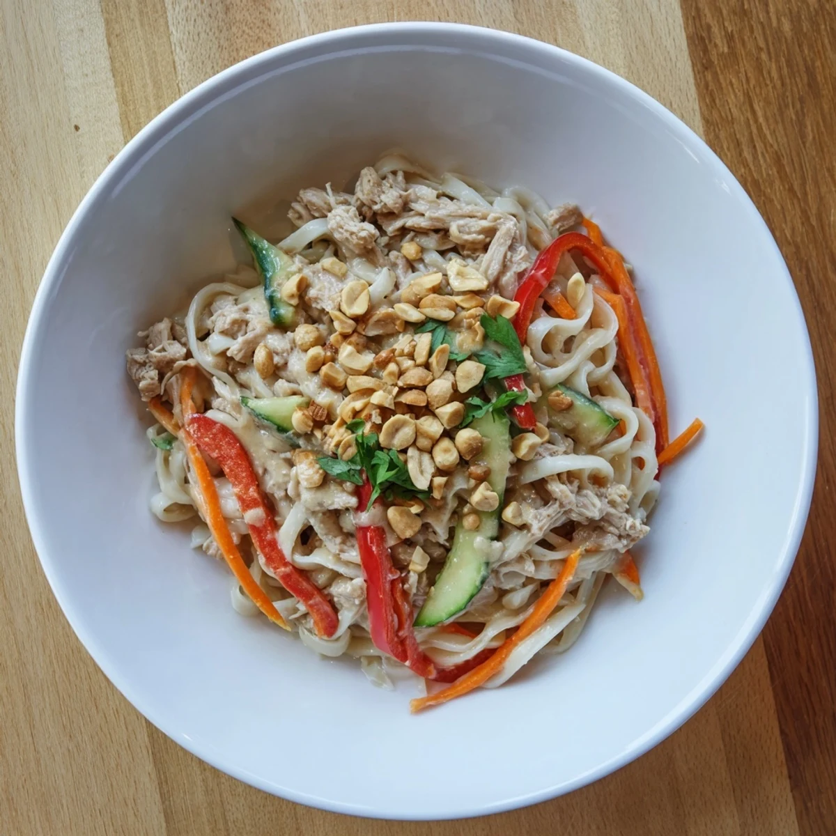 Enjoy a close-up view of delicious Thai-inspired peanut chicken pasta, ready to be devoured.