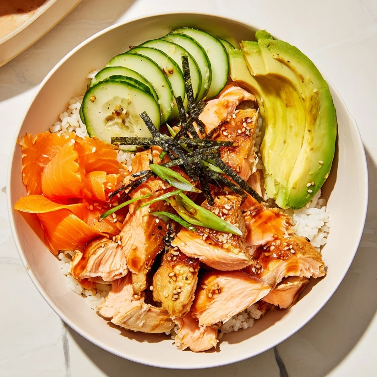 Fragrant Japanese-Style Salmon & Chicken Rice Bowl with tender salmon, chicken, avocado slices, and a savory sauce.