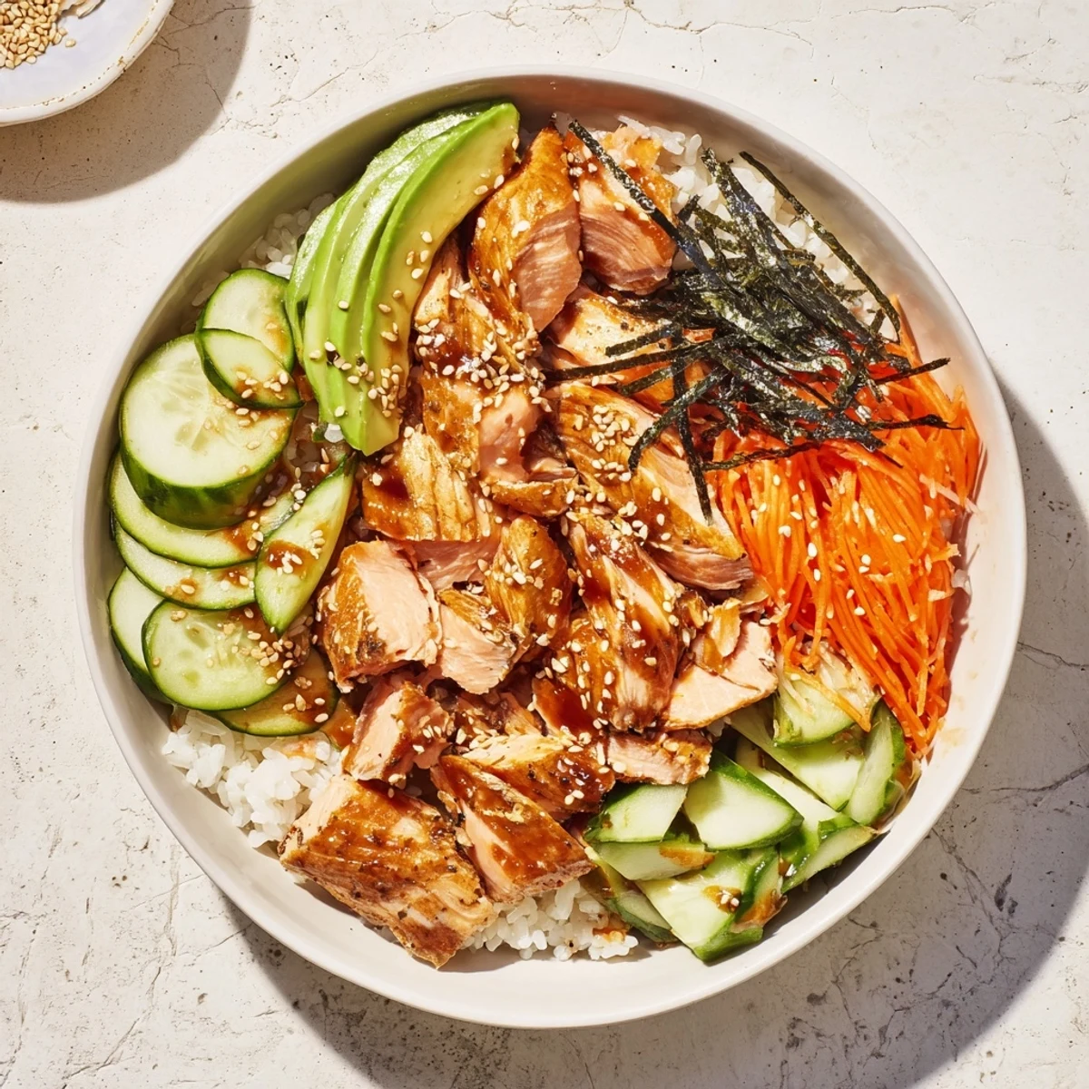 Japanese-Style Salmon & Chicken Rice Bowl: A colorful bowl of salmon, chicken, and fresh vegetables over fluffy rice.